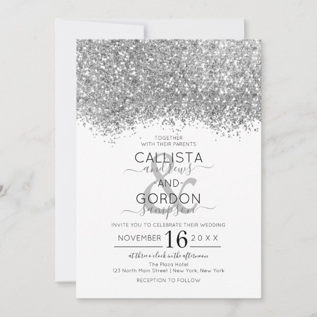 Convites Casamento Luxury Silver White Glitter Confetti (Frente)
