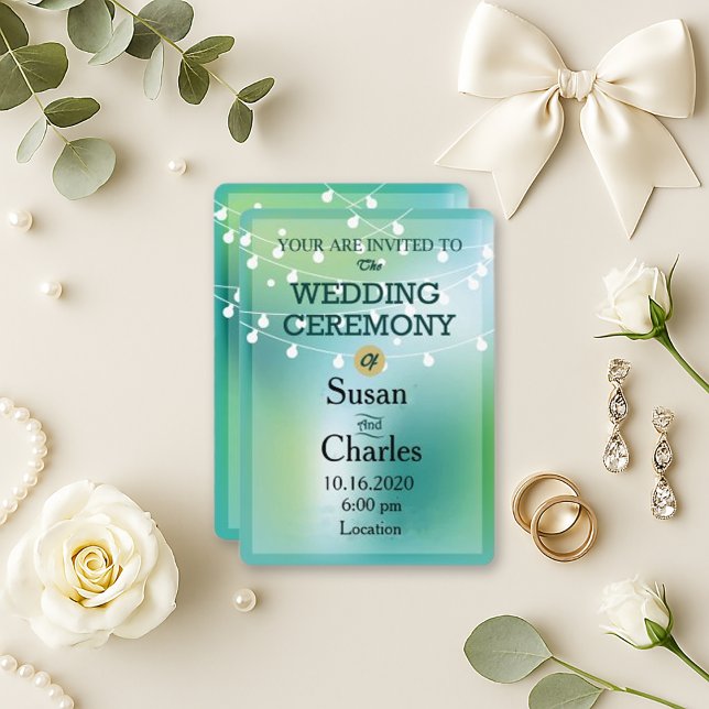Convites Casamento Luz De Corda Azul Verde Festivo (Criador carregado)