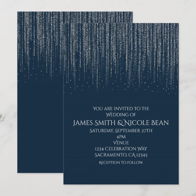 Convites Casamento Luzes de Gelo Brilhantes Azul e Prata de (Frente/Verso)