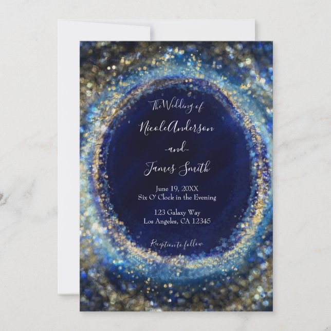 Convites Casamento Luzes Espelhadas Azul Oceano Dourado (Frente)