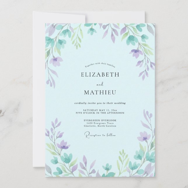 Convites Casamento Macio de Lilás e Periwinkle com Folhas (Frente)