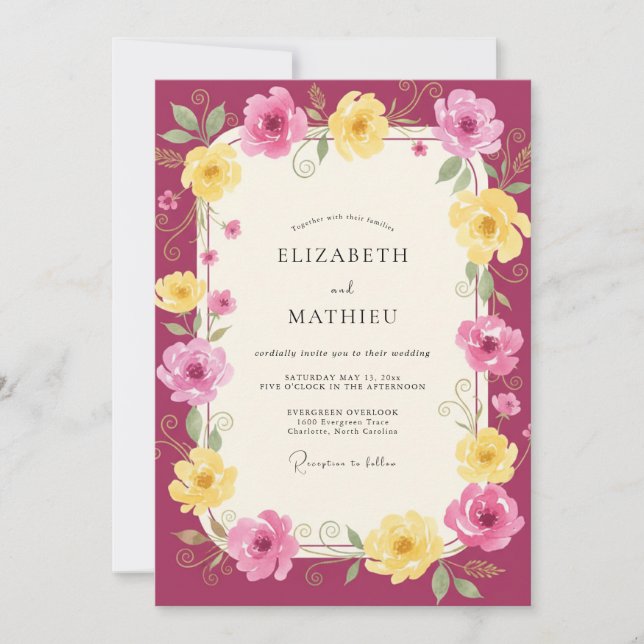 Convites Casamento Magenta Amarelo Ranunculus Eucalipto Sil (Frente)