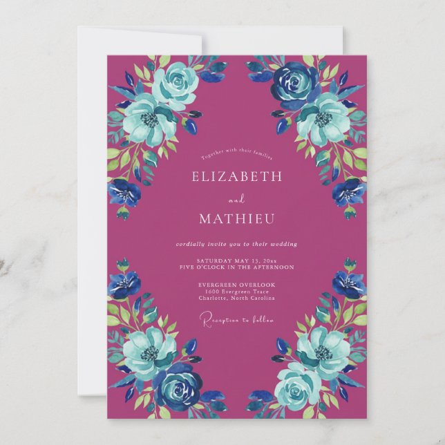 Convites Casamento Magenta Azure Ranunculus Eucalipto (Frente)