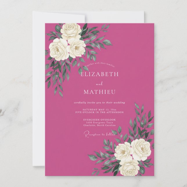 Convites Casamento Magenta Branco Ranunculus Eucalipto (Frente)