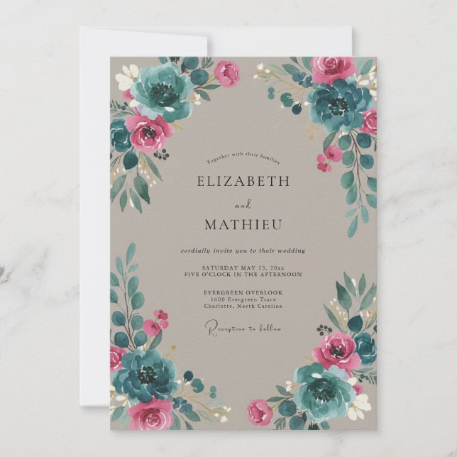 Convites Casamento Magenta Ciano Ranunculus Eucalipto (Frente)
