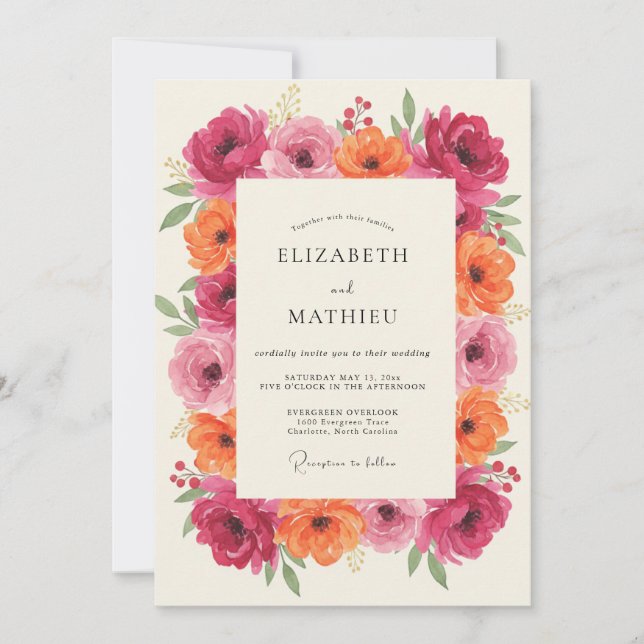 Convites Casamento Magenta Coral Ranunculus Eucalipto (Frente)