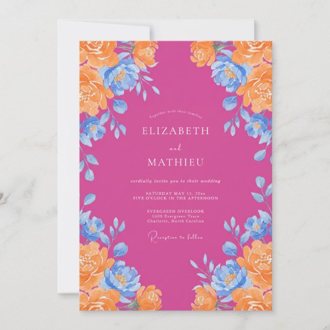 Convites Casamento Magenta Laranja Ranunculus Salvia (Frente)