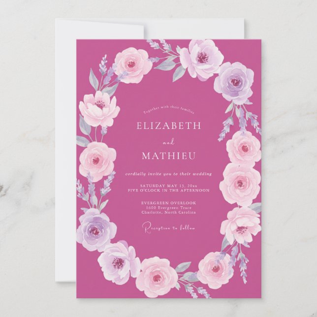 Convites Casamento Magenta Lavanda Ranunculus Eucalipto (Frente)