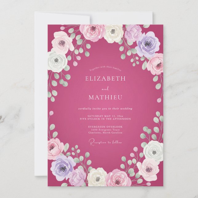 Convites Casamento Magenta Lilás Ranunculus Eucalipto (Frente)