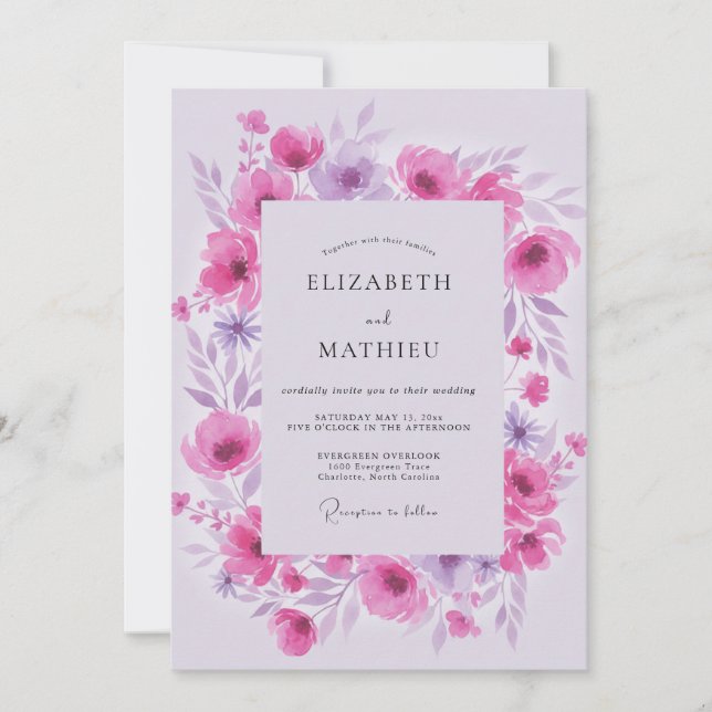 Convites Casamento Magenta Lilás Ranunculus Eucalipto Suave (Frente)