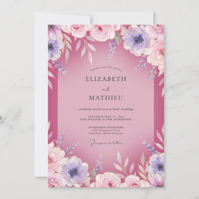 Convites Casamento Magenta Mauve Ranunculus Eucalipto (Frente)
