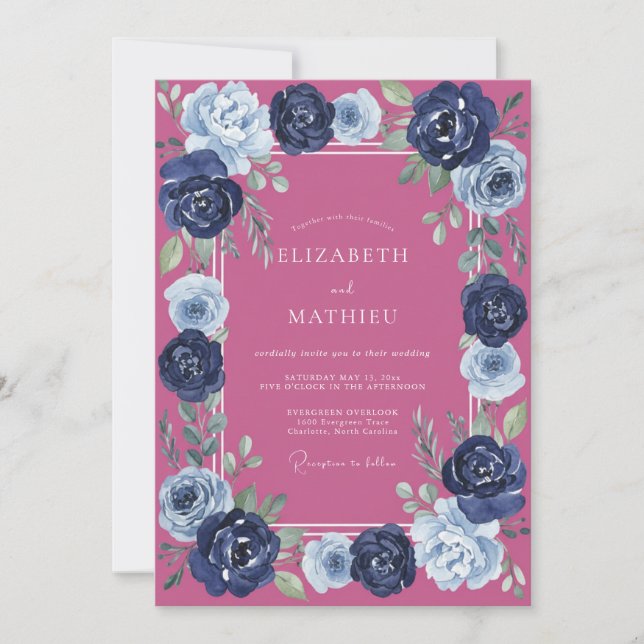 Convites Casamento Magenta Navy Ranunculus Eucalipto (Frente)
