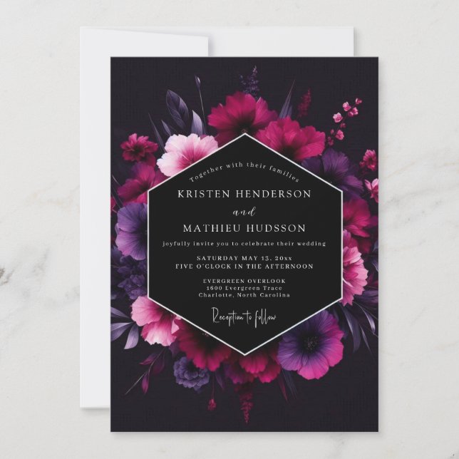 Convites Casamento Magenta Noir Bloom (Frente)