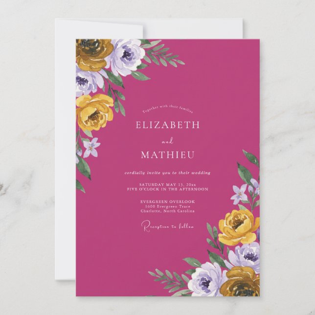 Convites Casamento Magenta Ocre Ranunculus Eucalipto (Frente)