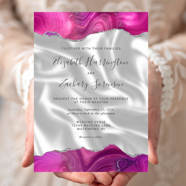 Convites Casamento Magenta Prata Ágata Branco Seda (Criador carregado)