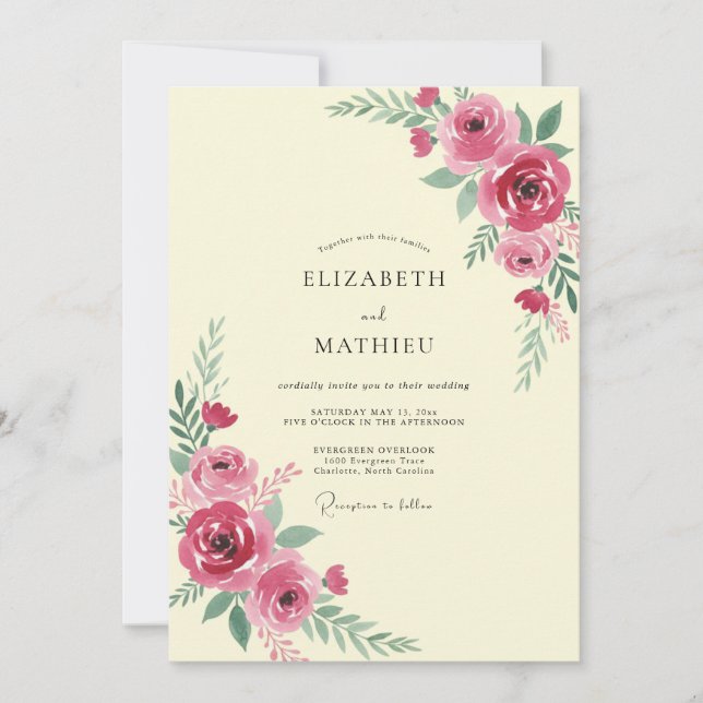 Convites Casamento Magenta Ranunculus Eucalipto Silenciado (Frente)