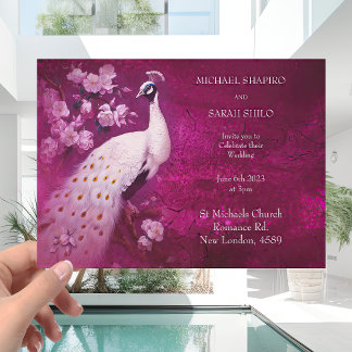Convites Casamento Magenta Romântica Moderna e Pavão Branco