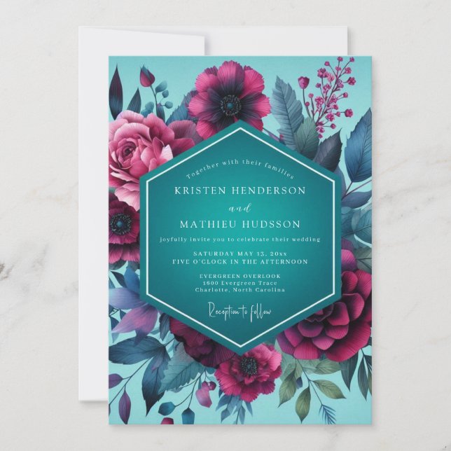 Convites Casamento Magenta Teal Gloaming (Frente)