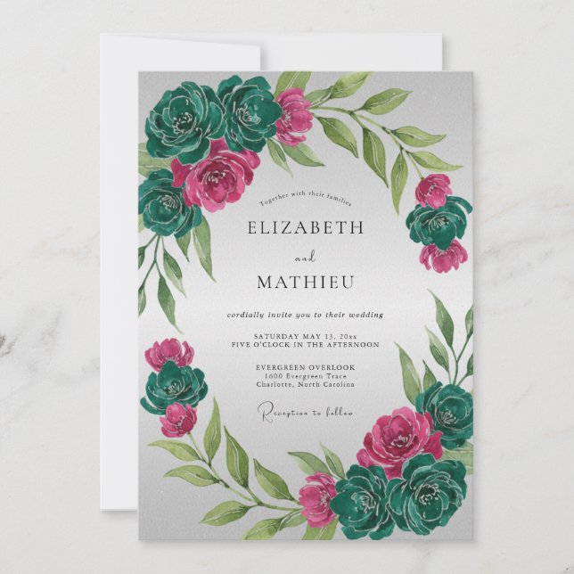 Convites Casamento Magenta Teal Ranunculus Eucalipto (Frente)