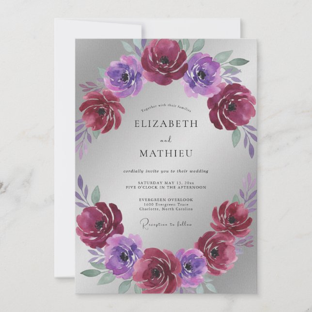 Convites Casamento Magenta Violeta Ranunculus Eucalipto (Frente)