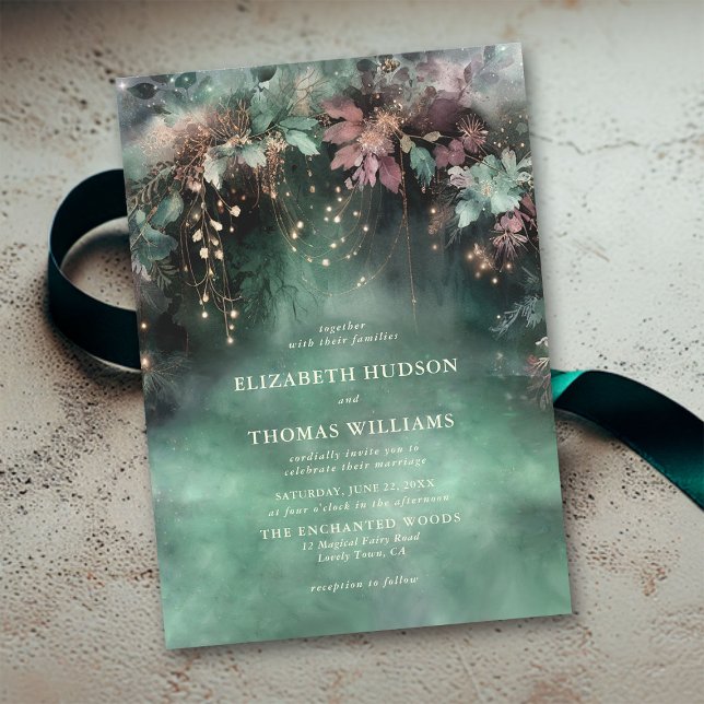 Convites Casamento Mágico do Arco Verde Florestal Encantado (enchanted forest wedding invitation elegant magical fairy garden foliage greenery overhanging vines )