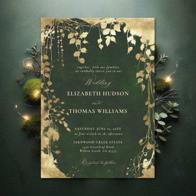 Convites Casamento Mágico Dourado de Quadro Foliar Floresta (Enchanted Forest Hunter Green Draped Greenery Frame Modern Calligraphy Wedding Invitation)