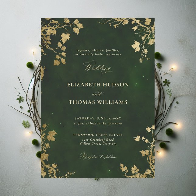 Convites Casamento Mágico Dourado de Quadro Mínimo de Flore (Enchanted Forest Hunter Green Draped Greenery Minimal Frame Modern Calligraphy Wedding Invitation)