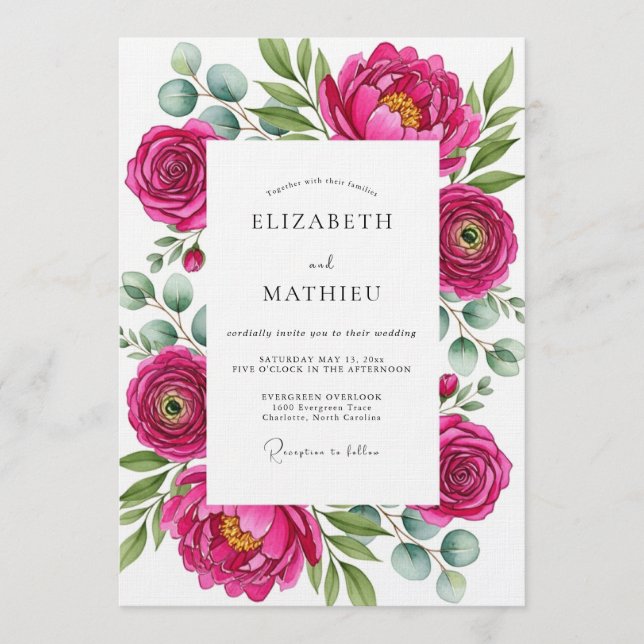 Convites Casamento Mágico Floral Magenta (Frente)