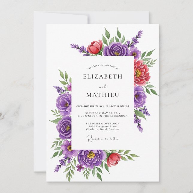 Convites Casamento Magnífico de Primavera Roxo (Frente)