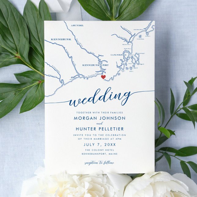 Convites Casamento Maine Moderno de Kennebunkport (Modern Minimal Elegant Kennebunkport Maine Wedding Invitation with red heart over a navy blue map)
