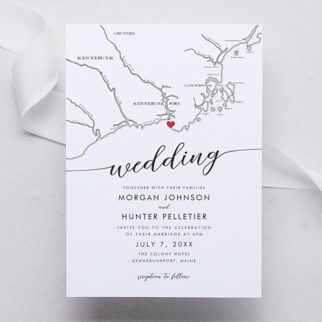 Convites Casamento Maine Moderno de Kennebunkport (Kennebunkport Maine Wedding Invitation with a minimal modern elegant map design in black and white)