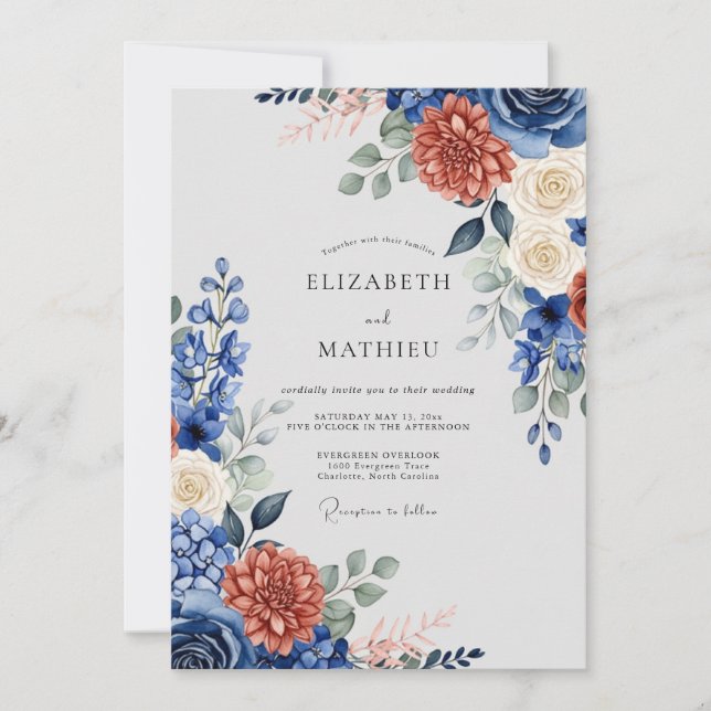 Convites Casamento Majestoso de Outono Azul Naval (Frente)