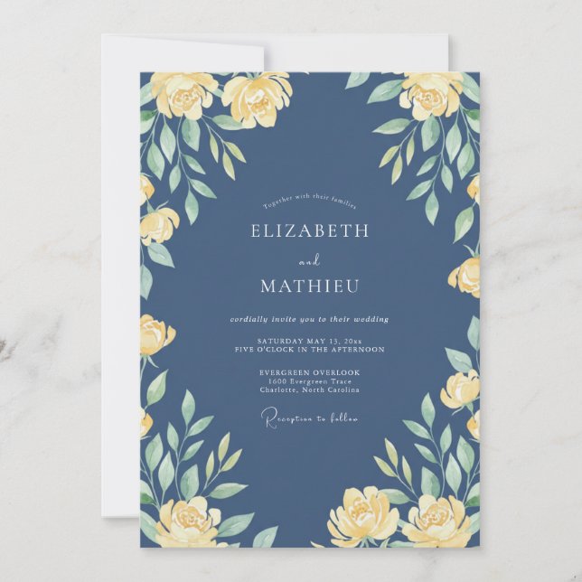 Convites Casamento Majestoso de Primavera Azul Marinho (Frente)