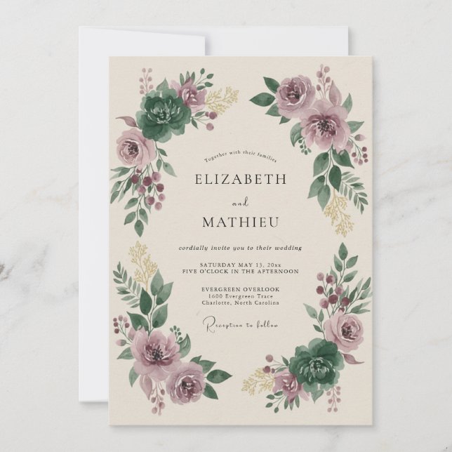 Convites Casamento Malva Esmeralda Temperamental de Inverno (Frente)