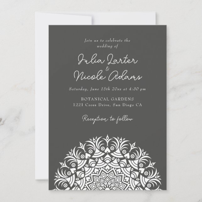 Convites Casamento Mandala Abstrato Fumê Cinza Carvão (Frente)