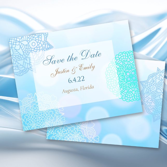 Convites Casamento Mandala Azul, Turquesa e Branco Save the (Criador carregado)