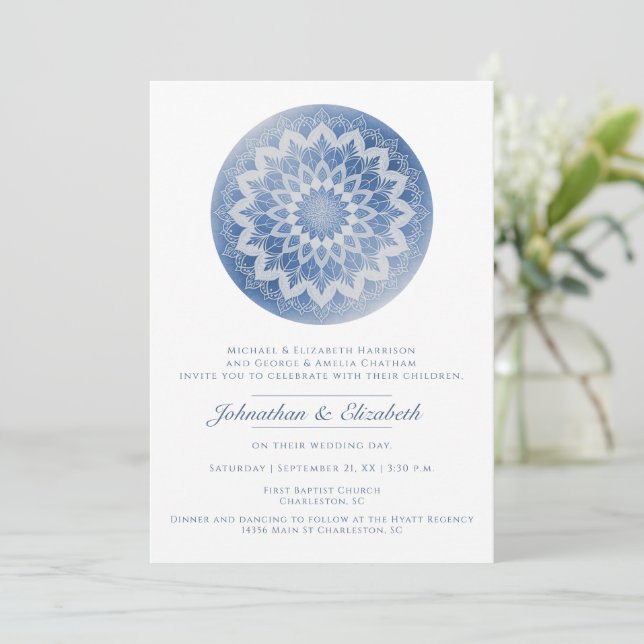Convites Casamento Mandala de Renda Azul (Em pé/Frente)