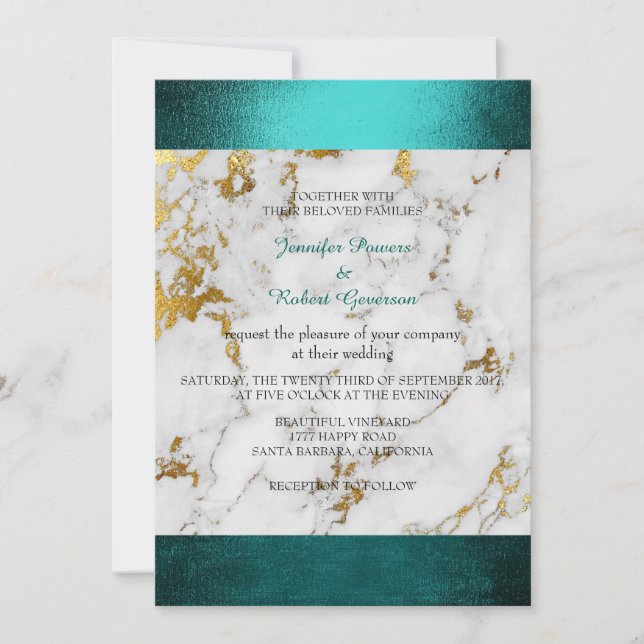 Convites Casamento Marble White Cinza Teal Green (Frente)