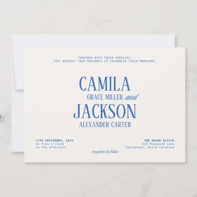 Convites Casamento Marfim e Azul Naval  (Frente)