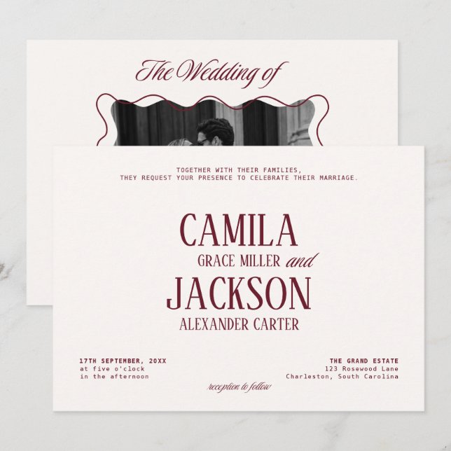 Convites Casamento Marfim e Borgonha  (Frente/Verso)