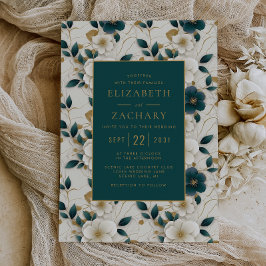 Convites Casamento Marfim Floral Azul Escuro Dourado Elegan
