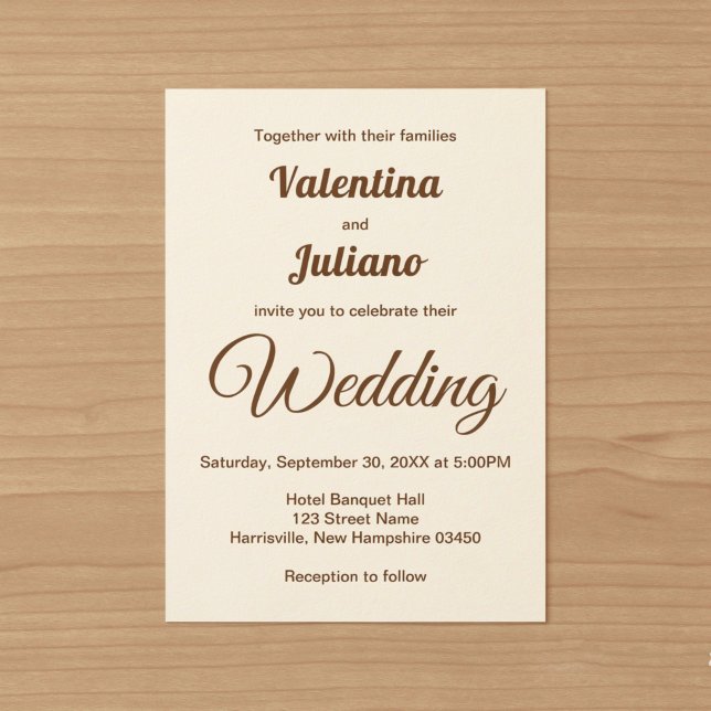 Convites Casamento Marfim Minimalista com Texto Marrom (Ivory with brown text wedding invitation)