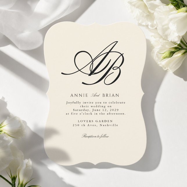 Convites Casamento Marfim Monograma Elegante (Elegant Monogram Ivory Wedding Invitation)