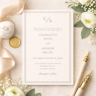 Convites Casamento marfim taupe monogramado simples