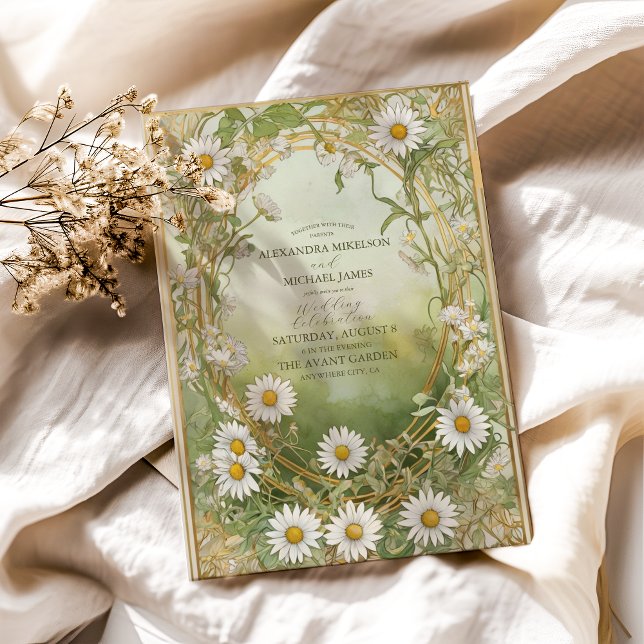 Convites Casamento Marfim Verde Art Nouveau de Margaridas (Criador carregado)