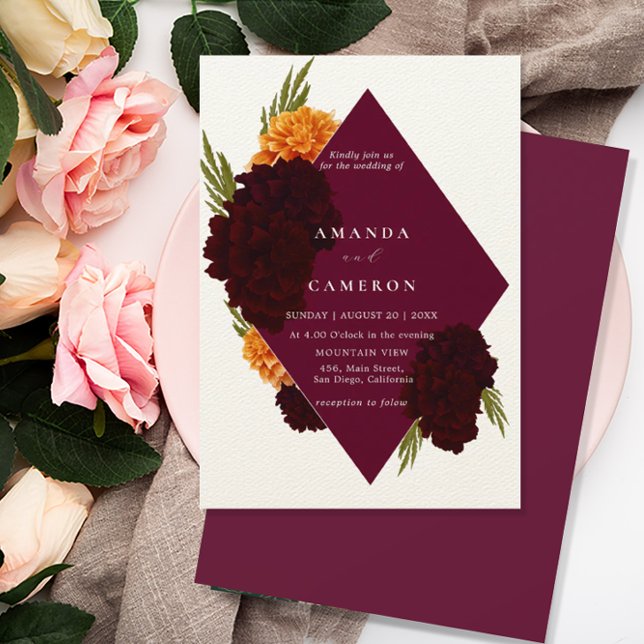 Convites Casamento "MARIGOLD" da Elegante Burgundy Red Wate (Criador carregado)