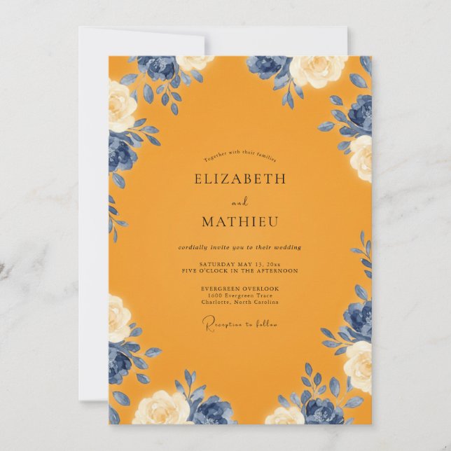 Convites Casamento Marigold Indigo Ranunculus Eucalipto (Frente)