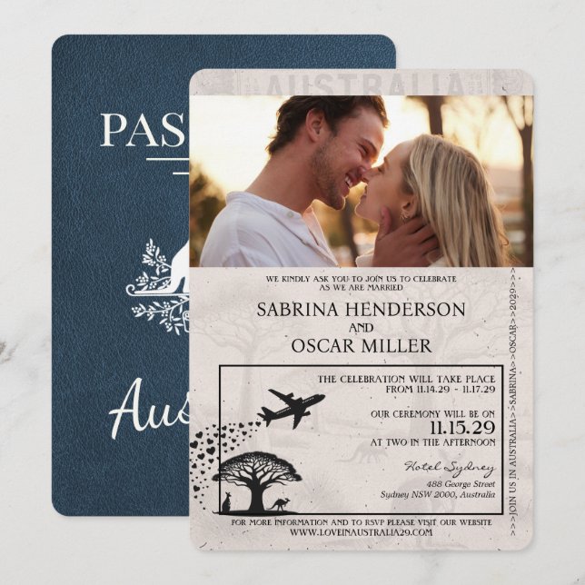 Convites Casamento marinho Azul Austrália Passaporte (Frente/Verso)