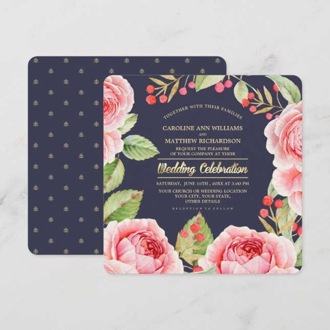 Convites Casamento Marinho Azul das Flores de Aquarela Româ (Frente/Verso)