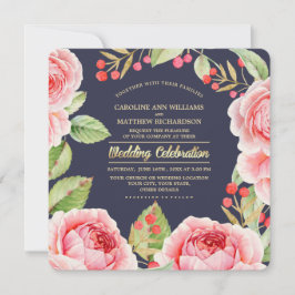 Convites Casamento Marinho Azul das Flores de Aquarela Româ